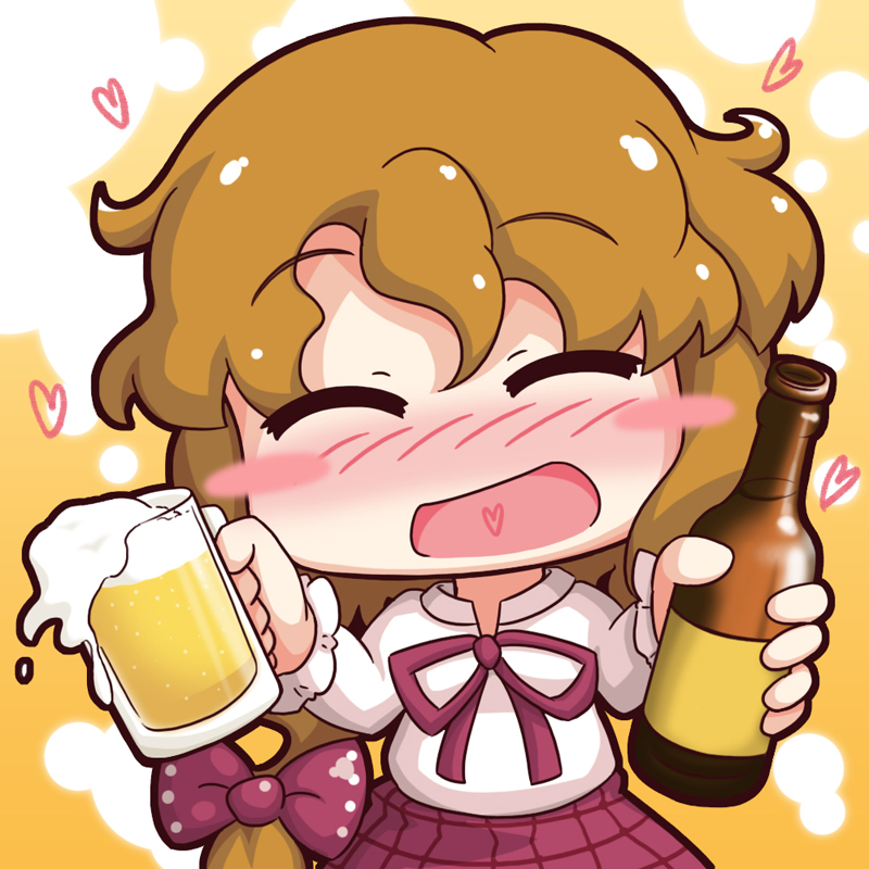 ^_^, beer, beerko, blush, blush_stickers, bottle, brown_hair, bust, chibi, closed_eyes, cup, drunk, eyes_closed, heart, long_hair, mesou-san, mug, open_mouth, original, plaid, plaid_skirt, skirt, smile, solo