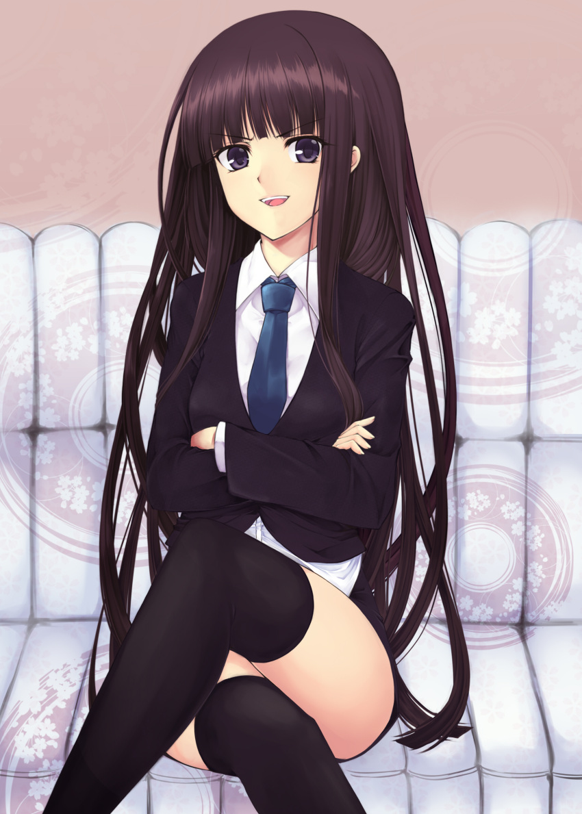 bad_id, black_hair, black_legwear, crossed_arms, crossed_legs, grin, highres, inu_x_boku_ss, legs, legs_crossed, long_hair, looking_at_viewer, necktie, no_pants, open_mouth, purple_eyes, shirakiin_ririchiyo, sitting, smile, solo, thigh-highs, thighhighs, thighs, utakata_(0824), very_long_hair, violet_eyes, zettai_ryouiki