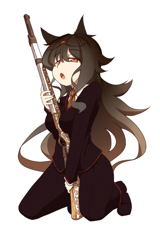 between_breasts, breasts, formal, glasses_on_head, grey_hair, gun, holding, karimiya_chiko, kneeling, kuromiya, long_hair, looking_at_viewer, musket, necktie, open_mouth, orange_eyes, original, shoes, simple_background, solo, suit, very_long_hair, weapon, white_background