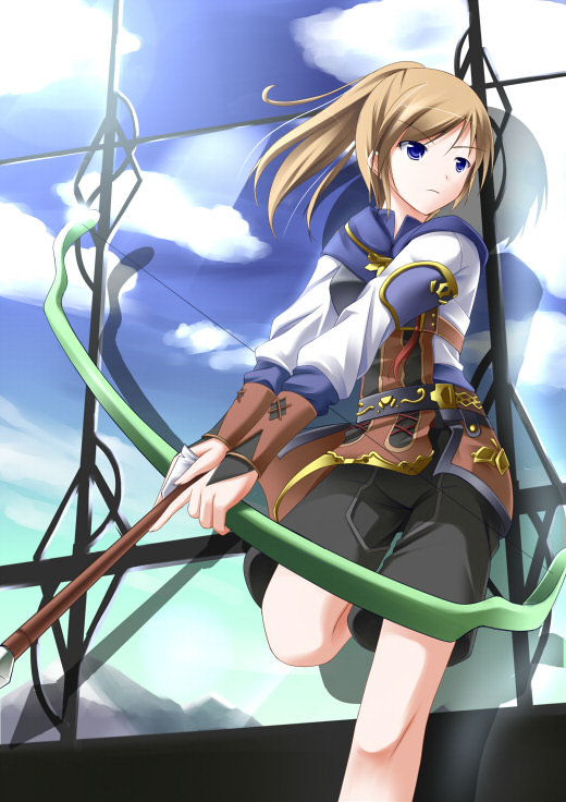 arrow, belt, blonde_hair, blue_eyes, bow_(weapon), brown_hair, cloud, clouds