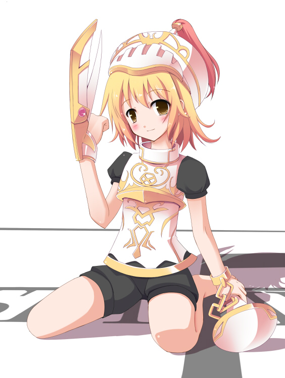 armor, blush, brown_eyes, chain, dagger, female, final_fantasy, final_fantasy_xi, hat, helmet, hume, long_hair, masaki_(machisora), puppetmaster, shorts, sitting, smile, solo, weapon, yellow_eyes
