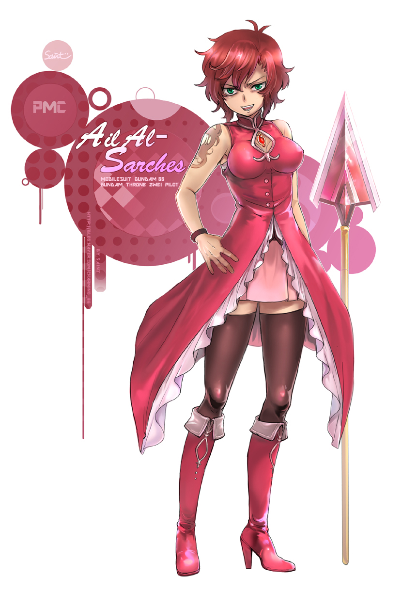 ali_al-saachez, bare_shoulders, black_legwear, breasts, character_name, cosplay, genderswap, gundam, gundam_00, highres, impossible_clothes, impossible_clothing, long_hair, magical_girl, mahou_shoujo_madoka_magica, polearm, red_hair, redhead, saintklein, sakura_kyouko, sakura_kyouko_(cosplay), solo, spear, tattoo, thigh-highs, thighhighs, weapon