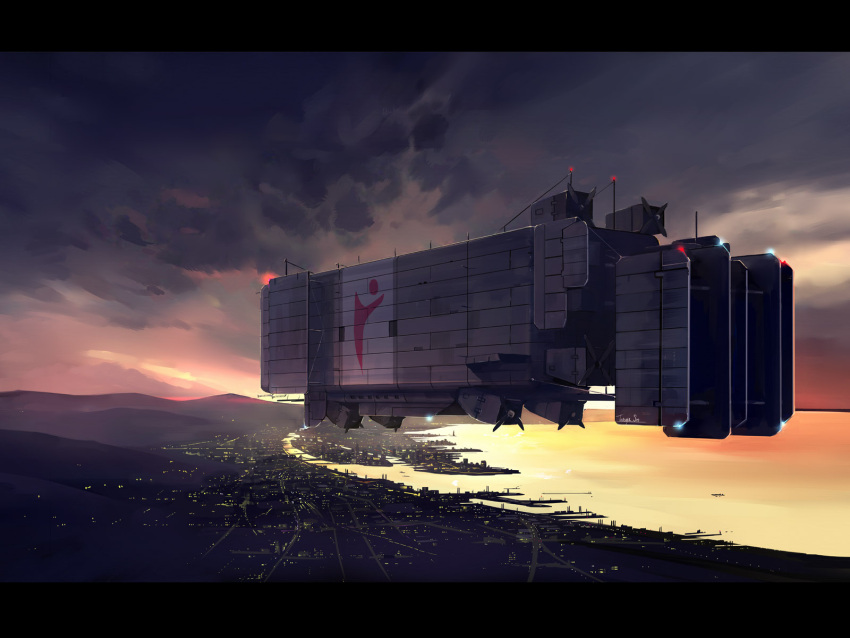 arc_the_lad, city, city_lights, cityscape, cloud, dirigible, flying, harbor