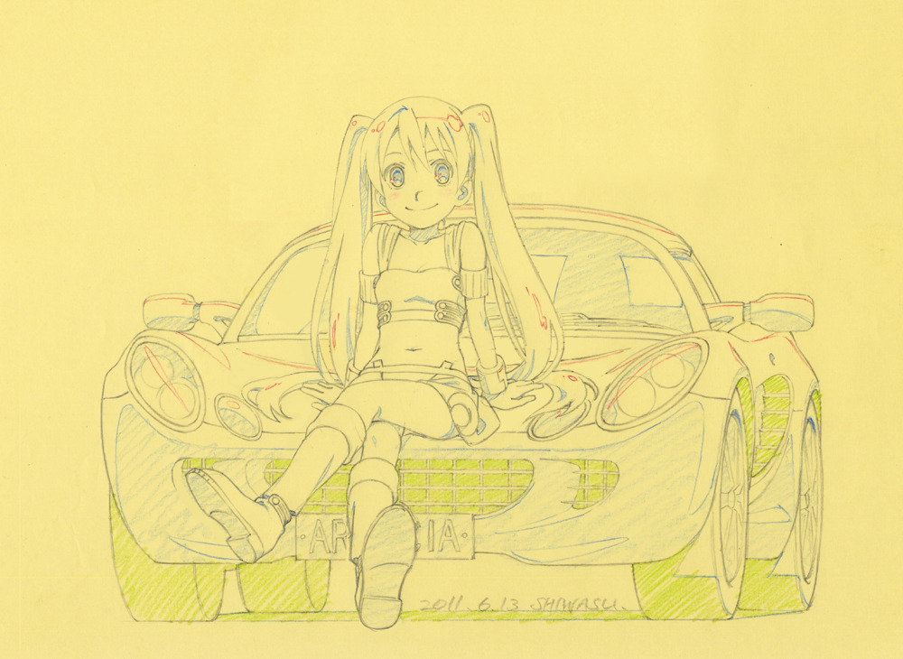 arancia, car, color_trace, crop_top, crossed_legs, legs_crossed, lineart, long_hair, lotus_(brand), lotus_elise, miniskirt, monochrome, motor_vehicle, navel, original, shiwasu_takashi, sitting, sitting_on_car, sketch, skirt, solo, twintails, vehicle