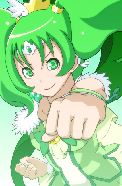 bow, choker, clenched_hands, cure_march, earrings, eito, fist, foreshortening
