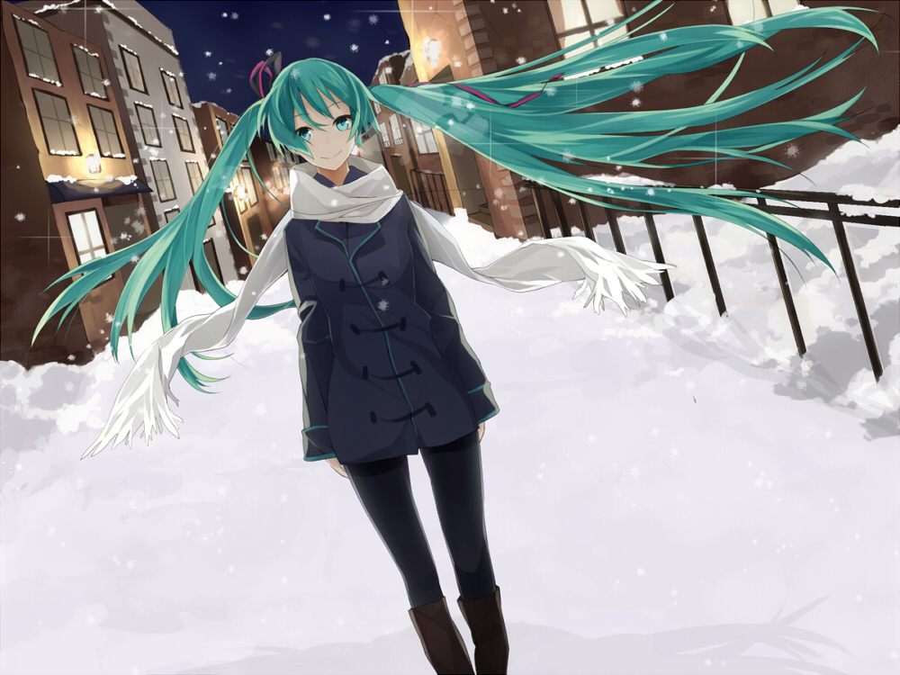 aqua_eyes, aqua_hair, boots, coat, dutch_angle, hatsune_miku, long_hair, looking_at_viewer, night, outdoors, panda_(shiro_x_kuro), pantyhose, scarf, snow, solo, twintails, very_long_hair, vocaloid