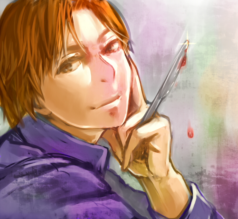 aimoko, bad_id, blood, brown_eyes, fate/zero, fate_(series), male, orange_hair, scalpel, solo, uryuu_ryuunosuke