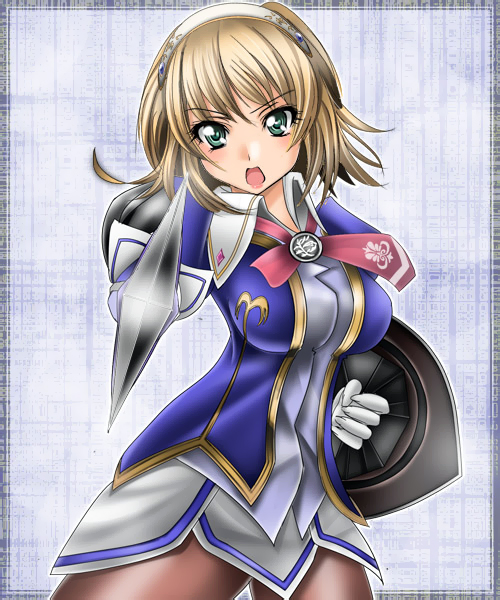 1041_(toshikazu), blonde_hair, cassandra_alexandra, green_eyes, necktie, pantyhose, shield, skirt