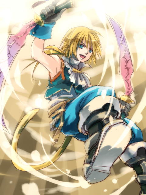 blonde_hair, blue_eyes, boots, dissidia_final_fantasy, dual_wielding, feet, final_fantasy, final_fantasy_ix, gloves, kururumy, long_hair, male, ponytail, pov_feet, solo, tail, zidane_tribal