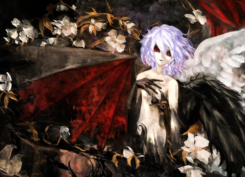 asymmetrical_wings, bad_id, bare_shoulders, blue_hair, flower, highres, hiro_j, hirojou, no_hat, no_headwear, nude, red_eyes, remilia_scarlet, shadow, short_hair, solo, touhou, wings