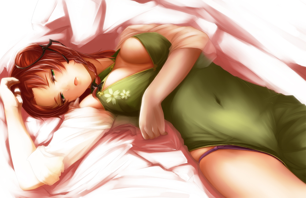 1girl, arm_up, braid, breasts, china_dress, chinese_clothes, cleavage_cutout, double_bun