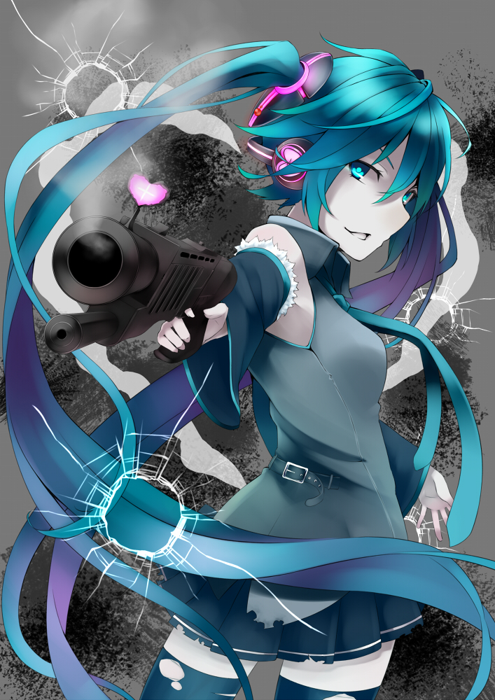 aiming_at_viewer, aqua_eyes, aqua_hair, bullet_hole, detached_sleeves, finger_on_trigger, foreshortening, gun
