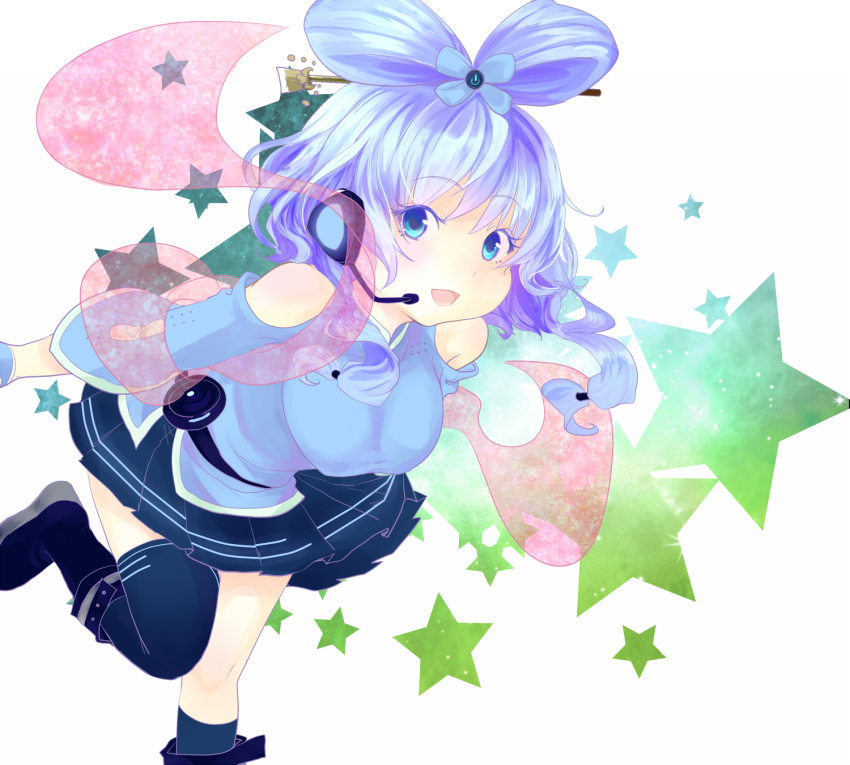 bare_shoulders, blue_eyes, blue_hair, cosplay, crossover, hair_stick, headset, highres, kaku_seiga, luo_tianyi, luo_tianyi_(cosplay), momose_sumomo, open_mouth, parody, short_hair, single_thighhigh, skirt, smile, solo, thigh-highs, thighhighs, touhou, vocaloid, yayin_gongyu, yayin_gongyu_(cosplay)