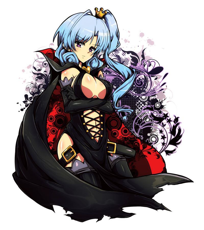 arsene, belt, bird, black_legwear, blue_hair, breasts, cape, crossed_arms