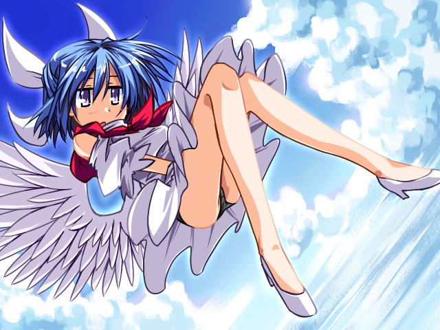 black_panties, blue_hair, detached_sleeves, dress, hair_ribbon, half_updo, hemogurobin_a1c, mai_(touhou)