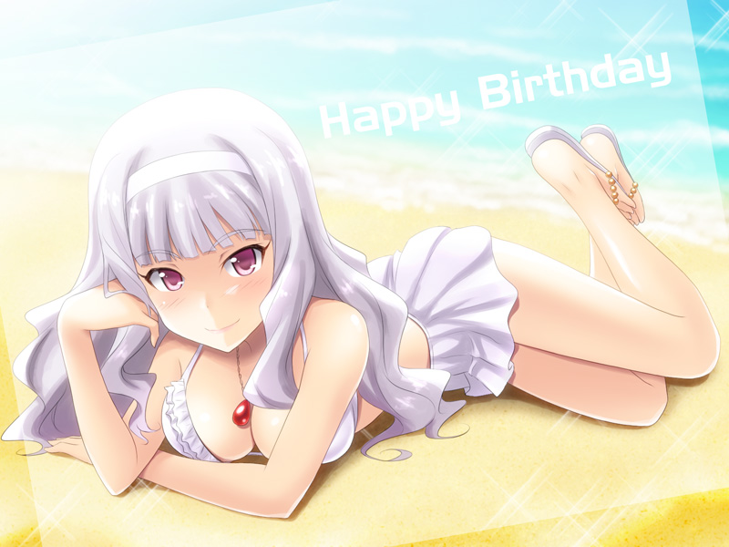 beach, bikini, blush, breasts, cleavage, collar, english, hairband