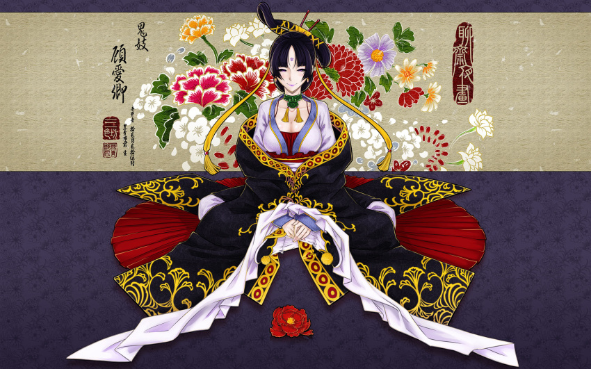 antaria, black_hair, breasts, character_request, chinese, chinese_clothes, cleavage, flower