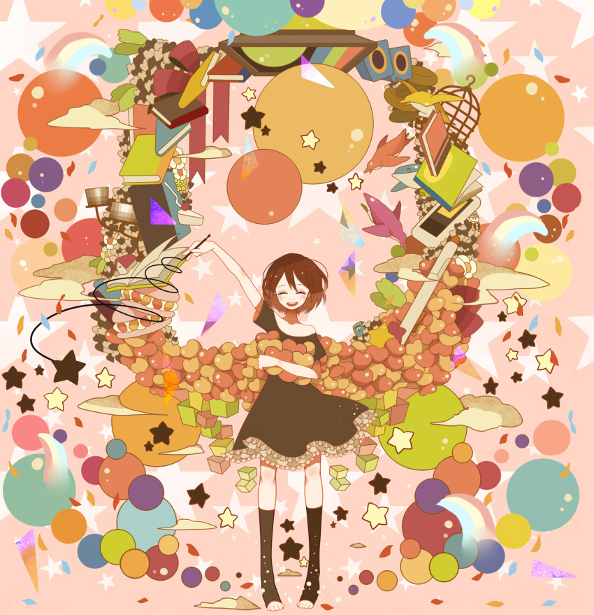 bird, birdcage, book, cage, candy, cellphone, closed_eyes, dress