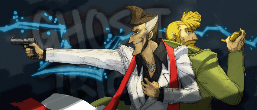 beard, blonde_hair, brown_hair, bruise, facial_hair, ghost_trick, gun, highres