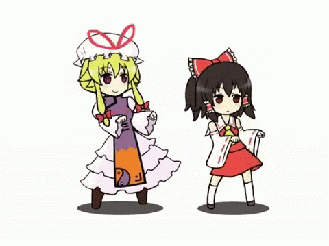 2girls, animated_gif, artist_request, dancing, gif, hakurei_reimu, lowres, mojipittan, touhou, white_background, yakumo_yukari
