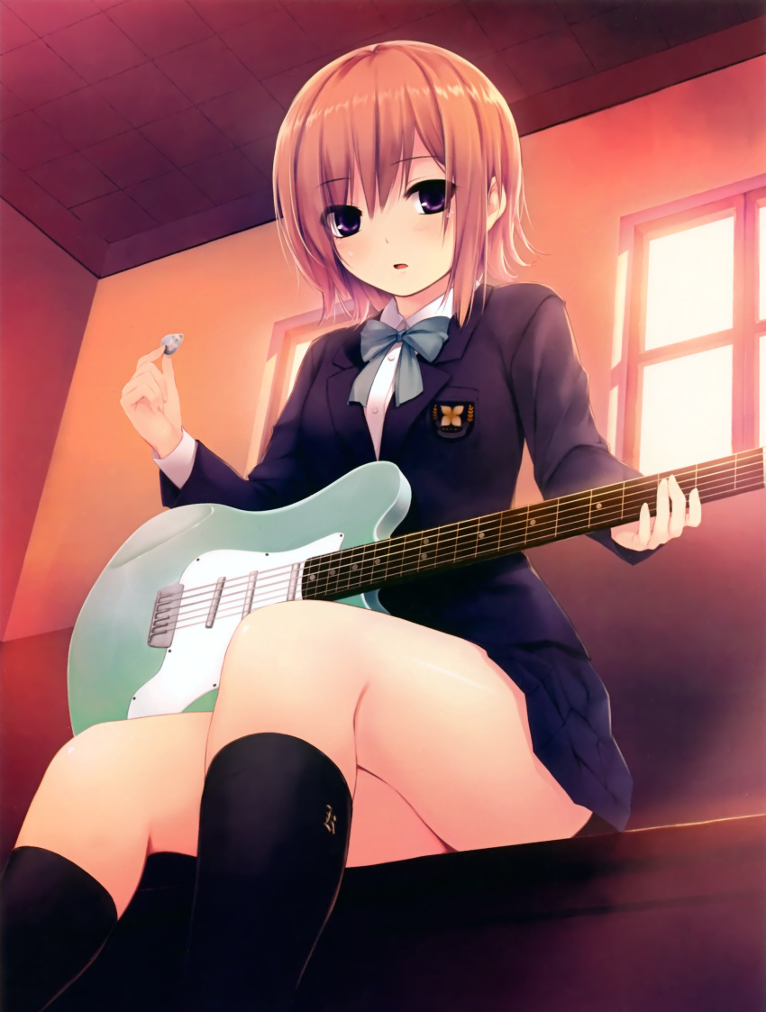 absurdres, black_legwear, blazer, blue_eyes, bow, brown_hair, coffee-kizoku, electric_guitar