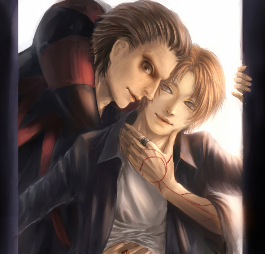 caster_(fate/zero), claws, fate/zero, fate_(series), fingernails, hand_on_another's_face, long_fingernails, male, mujun_no_kuro, multiple_boys, orange_hair, realistic, uryuu_ryuunosuke, yaoi