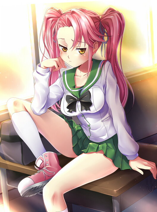 blush, breasts, highschool_of_the_dead, kimitoshiin, long_hair, pink_hair, school_uniform, serafuku