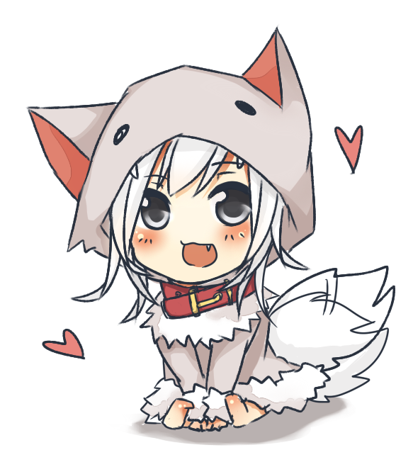 blush, collar, fang, minecraft, open_mouth, personification, simple_background, solo, tail, tail_wagging, tosura-ayato, white_background, white_hair, wolf, wolf_(minecraft), wolf_tail