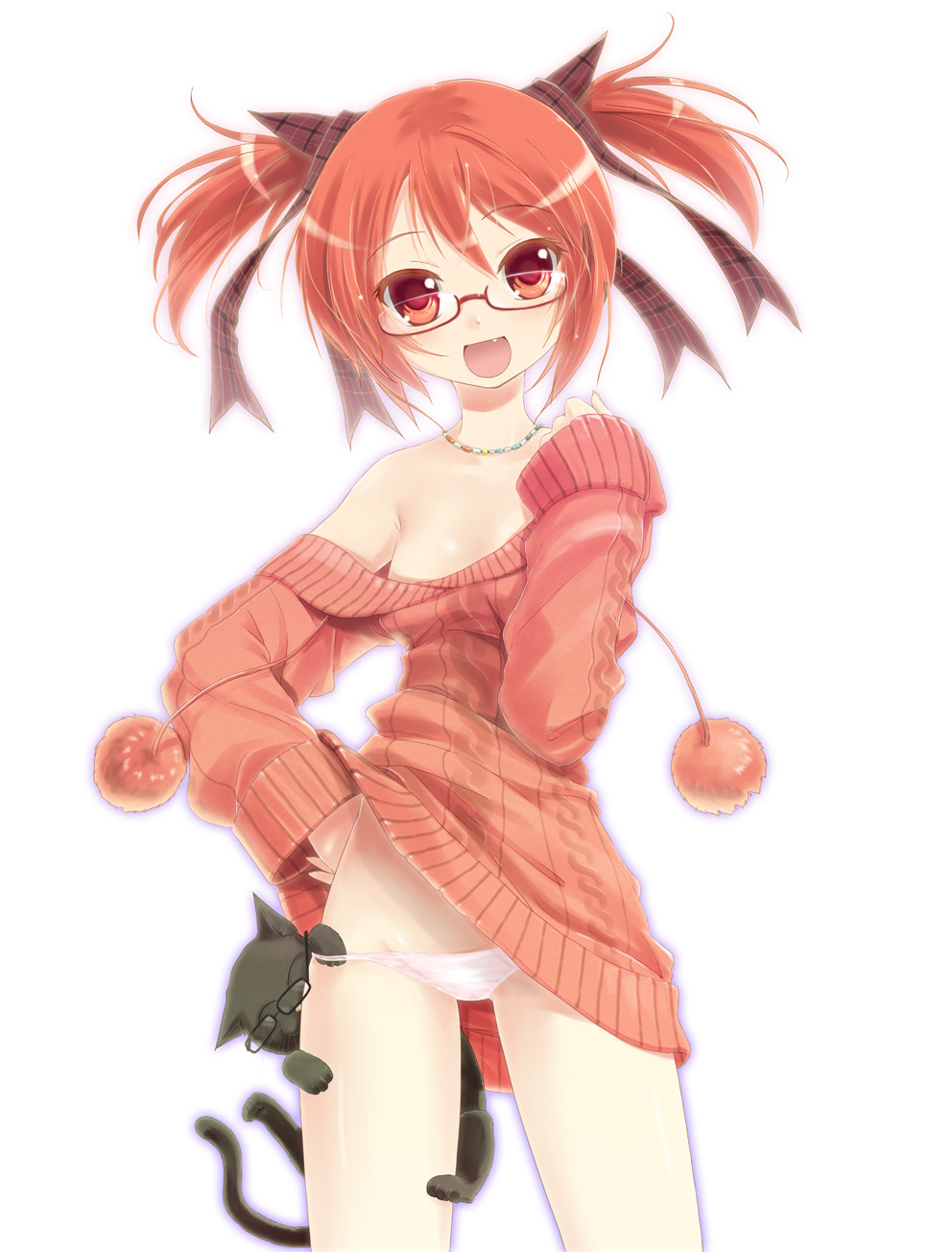 fang, glasses, hand_on_hip, highres, jewelry, necklace, no_bra, no_pants, off_shoulder, original, panties, pooru, porurin_(do-desho), red-framed_glasses, red_hair, redhead, solo, strap_slip, sweater, twintails, underwear