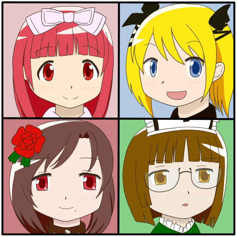 4girls, blonde_hair, blue_eyes, brown_eyes, brown_hair, casper, deathsmiles, flower