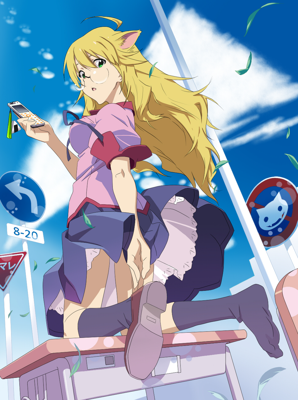 animal_ears, bakemonogatari, blonde_hair, cat_ears, cellphone, cosplay, feet, footwear, from_behind, glasses, green_eyes, hanekawa_tsubasa, hanekawa_tsubasa_(cosplay), highres, hoshii_miki, idolmaster, kneeling, long_hair, looking_back, monogatari_(series), nekomonogatari, phone, school_desk, shotarou, sign, single_shoe, socks, solo