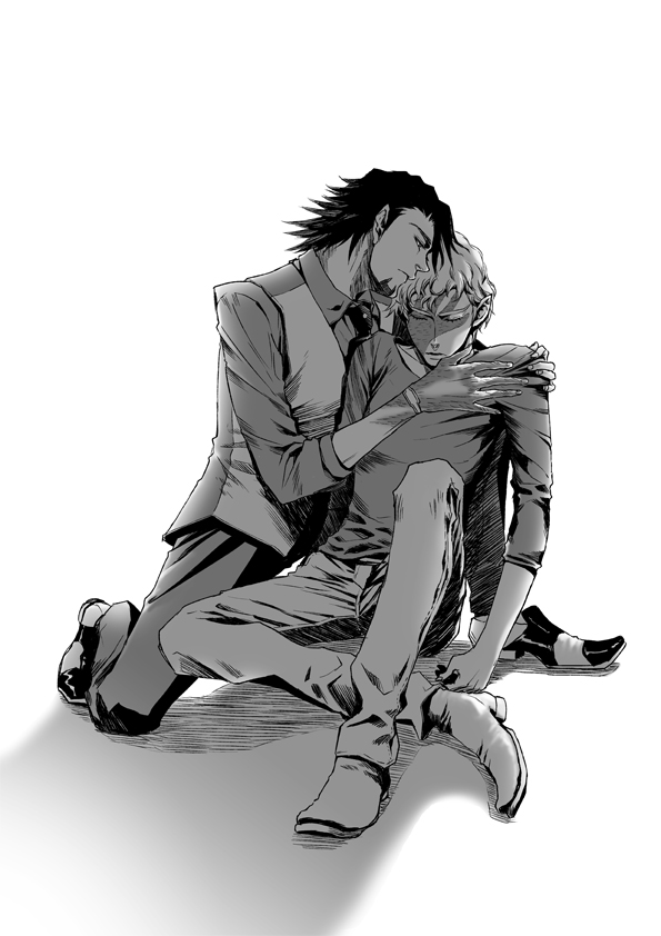 2boys, aotan, burn, facial_hair, injury, kaburagi_t_kotetsu, kneeling, male