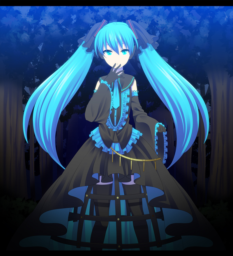 aqua_eyes, aqua_hair, chiroku, detached_sleeves, dress, frills, gloves, gothic_lolita, hatsune_miku, lolita_fashion, long_hair, necktie, solo, thigh-highs, thighhighs, twintails, very_long_hair, vocaloid