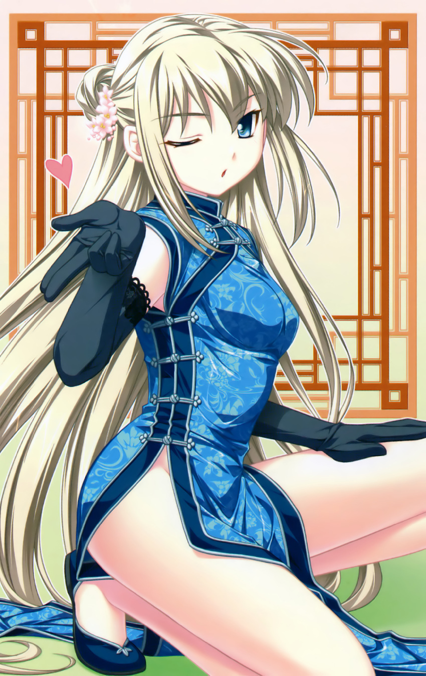 <3(~o^), ;), ;o, artist_request, blonde_hair, blue_eyes, bridal_gauntlets, china_dress