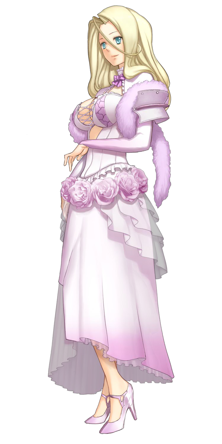 ar_tonelico_iii, armor, armored_dress, blonde_hair, boa, bow, breasts, cleavage