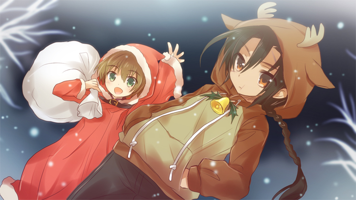 antlers, black_hair, braid, brown_eyes, brown_hair, character_request, christmas, green_eyes, hat, hood, hoodie, khamsin_nbh'w, khamsin_nbh'w, long_hair, pirsoyn, reindeer_antlers, reindeer_costume, sack, santa_costume, santa_hat, shakugan_no_shana, short_hair, tachitsu_teto, waving