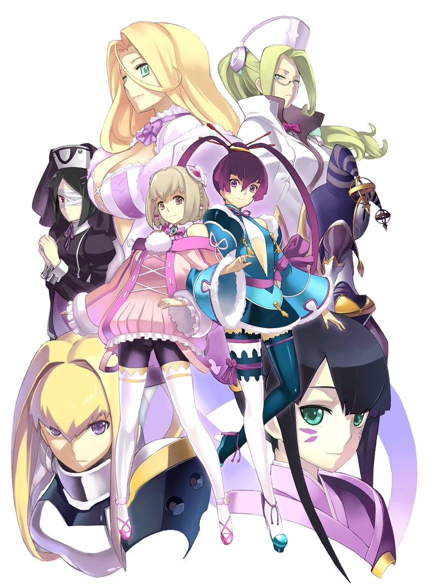 ???_(ar_tonelico_iii), ar_tonelico, ar_tonelico_iii, bandage, bandage_over_one_eye, bandages, bike_shorts, black_hair, blonde_hair, blue_legwear, blue_thighhighs, bow, braid, breasts, cleavage, clown, costume, detached_sleeves, dual_persona, facial_mark, filament, finnel, flat_chest, frown, garter_belt, garter_straps, glasses, green_eyes, gust, hair_ornament, hairclip, hat, high_heels, jester, jester_cap, jester_hat, lace, lace-trimmed_thighhighs, large_breasts, long_hair, mismatched_legwear, multicolored_legwear, multicolored_thighhighs, multiple_persona, nagi_(artist), nagi_ryou, nun, nurse, nurse_cap, official_art, pink_eyes, ponytail, purple_eyes, purple_hair, saki_(ar_tonelico), sakia-rumei, salapator, shoes, short_hair, smile, soma, suzunomia, tassel, thigh-highs, thighhighs, transparent_background, twin_braids, twintails, veil, violet_eyes, white_legwear, white_thighhighs, yurishica, zettai_ryouiki