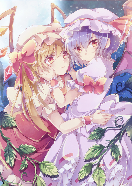 alternate_eye_color, blonde_hair, bow, flandre_scarlet, hair_bow, hands_on_another's_cheeks, hands_on_another's_cheeks, hands_on_another's_face, hat, hat_ribbon, leaf, moon, multiple_girls, orange_eyes, purple_hair, remilia_scarlet, ribbon, siblings, side_ponytail, sisters, skirt, skirt_set, touhou, wings, wrist_cuffs, yume_hisahi