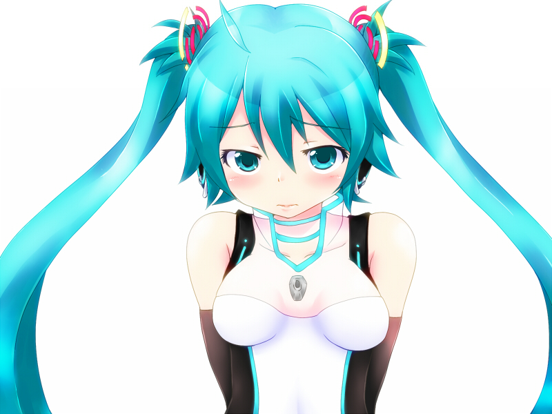 aqua_eyes, aqua_hair, blush, elbow_gloves, gloves, hatsune_miku, long_hair, orebelt, simple_background, solo, twintails, vocaloid, white_background
