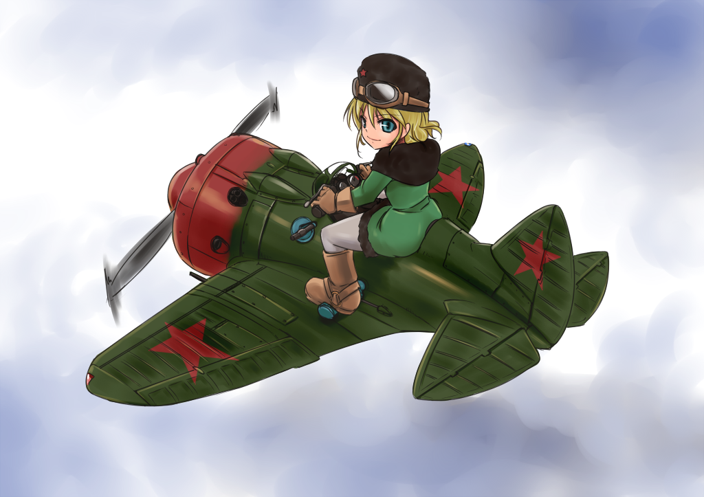 airplane, aviator_cap, blonde_hair, boots, copyright_request, flying, goggles, green_eyes
