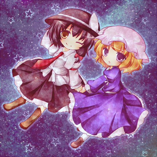 bad_id, black_hair, blonde_hair, brown_eyes, chibi, dress, hat, kureha_goya