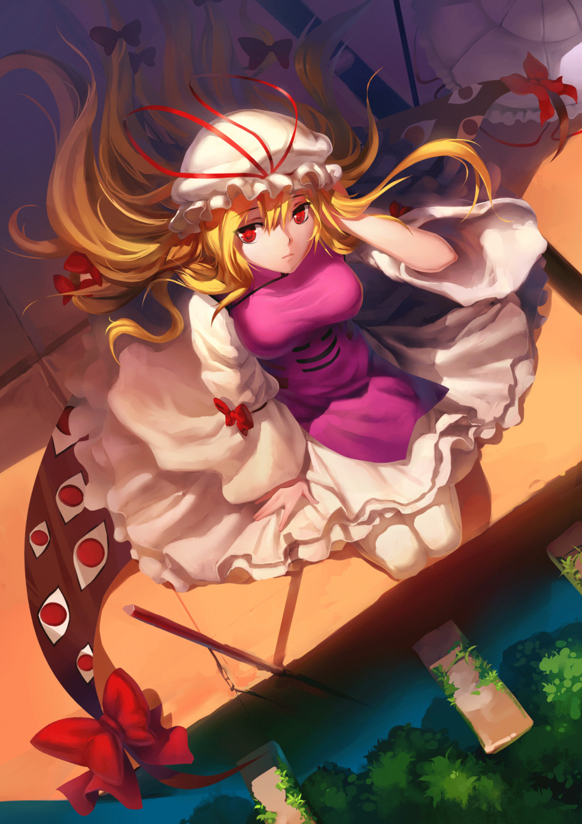 bad_id, blonde_hair, bow, breasts, dithering, dress, expressionless, from_above