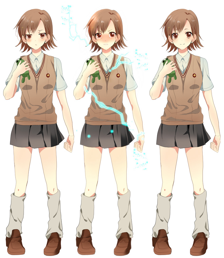 biribiri, blush, brown_hair, gekota, hair_ornament, hairpin, misaka_mikoto, school_uniform