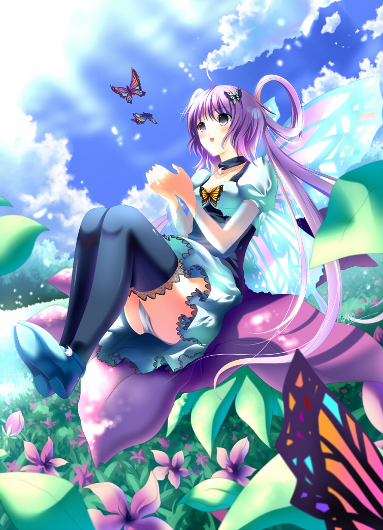 artist_request, beads, black_legwear, black_thighhighs, blush, butterfly, butterfly_wings, choker, cloud, clouds, day, dress, fairy, flower, hair_ornament, hairclip, happy, highres, jewelry, lace, lavender_eyes, lavender_hair, leaf, leaves, long_hair, meadow, minigirl, myhilary, nature, necklace, plant, ponytail, see-through, shoes, sitting, sky, smile, sunlight, thigh-highs, thighhighs, tree, very_long_hair, wings