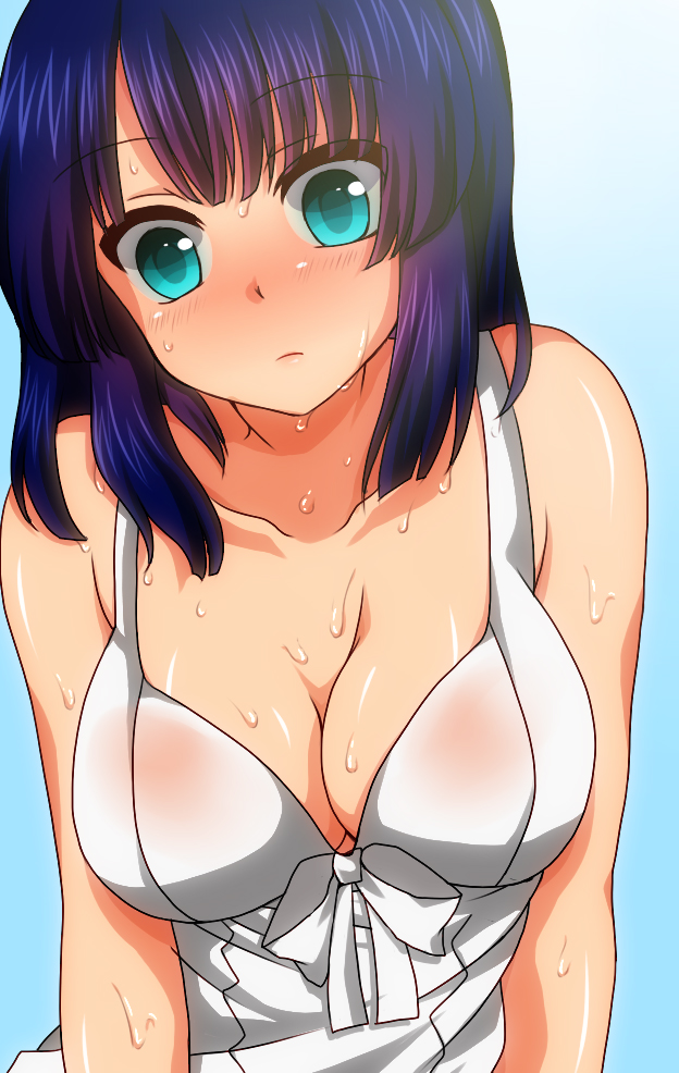 aqua_eyes, blush, breasts, cleavage, jinguu_shion, natsu_hotaru, original, purple_hair