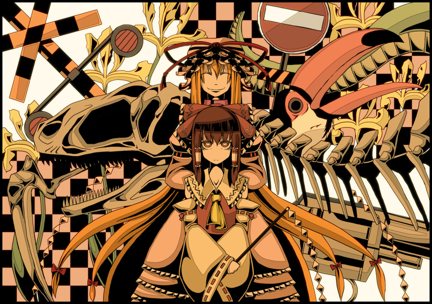 bird, checkered, closed_eyes, eyes_closed, flat_gaze, genya, gohei, hair_tubes