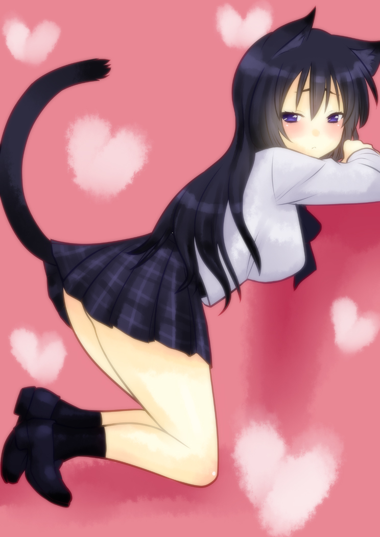 animal_ears, black_hair, blush, breasts, cat_ears, cat_tail, heart, kneeling