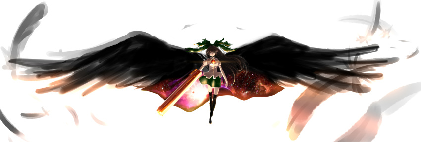 absurdres, arms_up, bad_id, black_eyes, black_hair, black_legwear, black_wings, bow