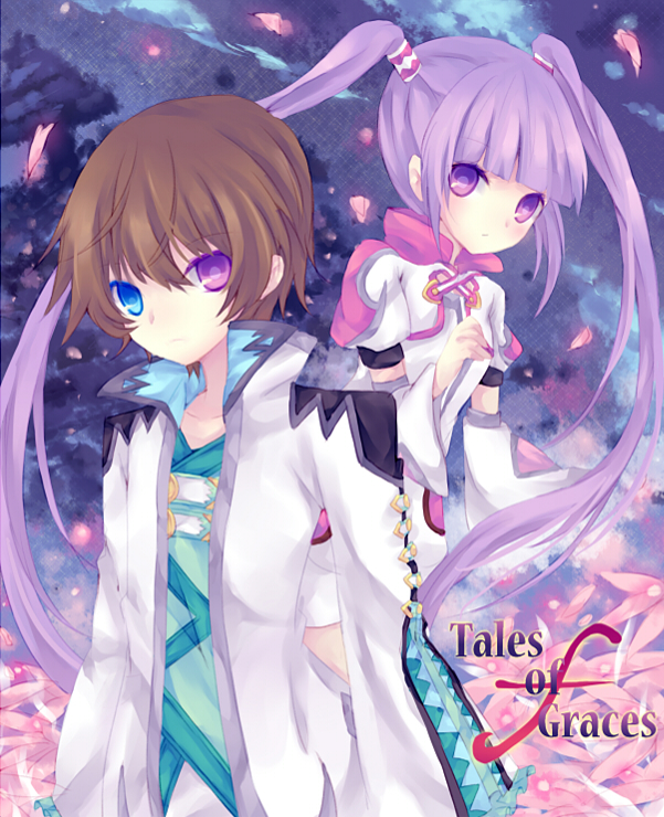 asbel_lhant, bad_id, brown_hair, flower, heterochromia, long_hair, nonaka, petals, purple_eyes, purple_hair, sophie_(tales_of_graces), tales_of_(series), tales_of_graces, twintails, violet_eyes
