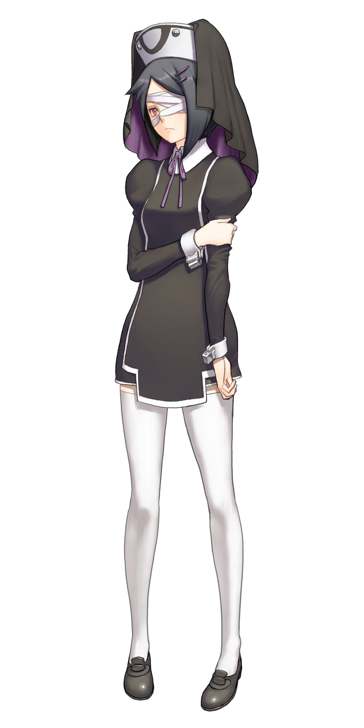 ar_tonelico_iii, bandage, bandage_over_one_eye, bandages, black_hair, bow, cuffs, dress